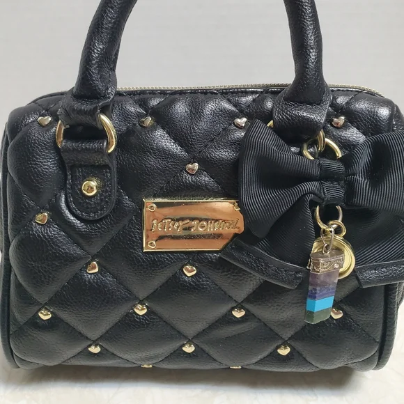 Betsey Johnson Mini Satchel Purse Be-Mine Heart Stud Crossbody Bag Quilted Black - Picture 1 of 5